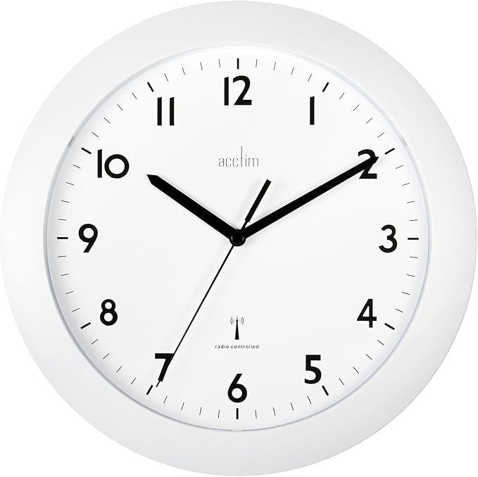 Radio Controlled Wall Clock 25cm Silent Accurate Time White Modern Decor