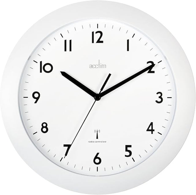 Radio Controlled Wall Clock 25cm Silent Accurate Time White Modern Decor
