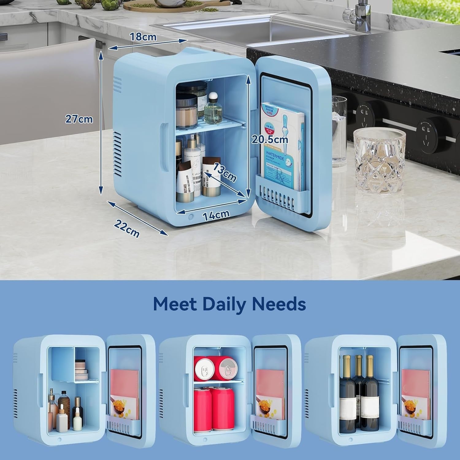 4L Portable Mini Skincare Fridge Cooler & Warmer LED Mirror AC/DC Blue
