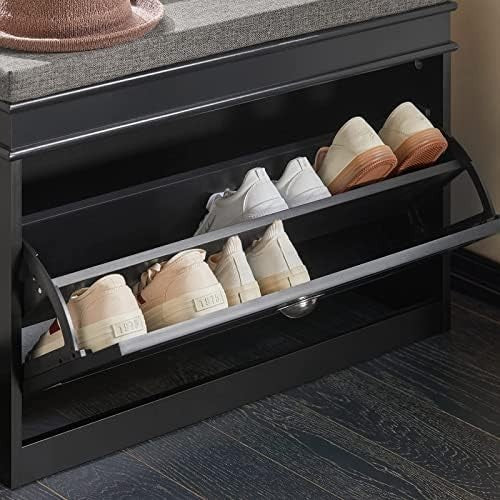 Black Shoe Storage Bench with Cushion & Flip Drawer – Slim Hallway Cabinet