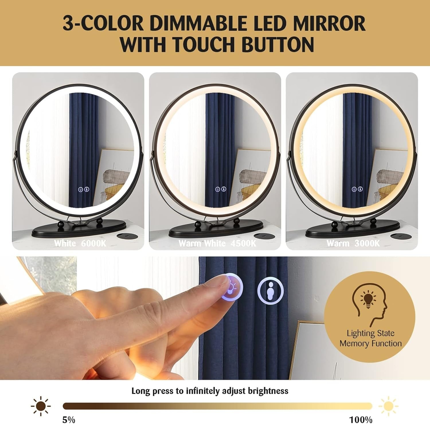 Vanity Desk Set w/LED Mirror & 3-Color Light, Charging Station, 2 Drawers, White