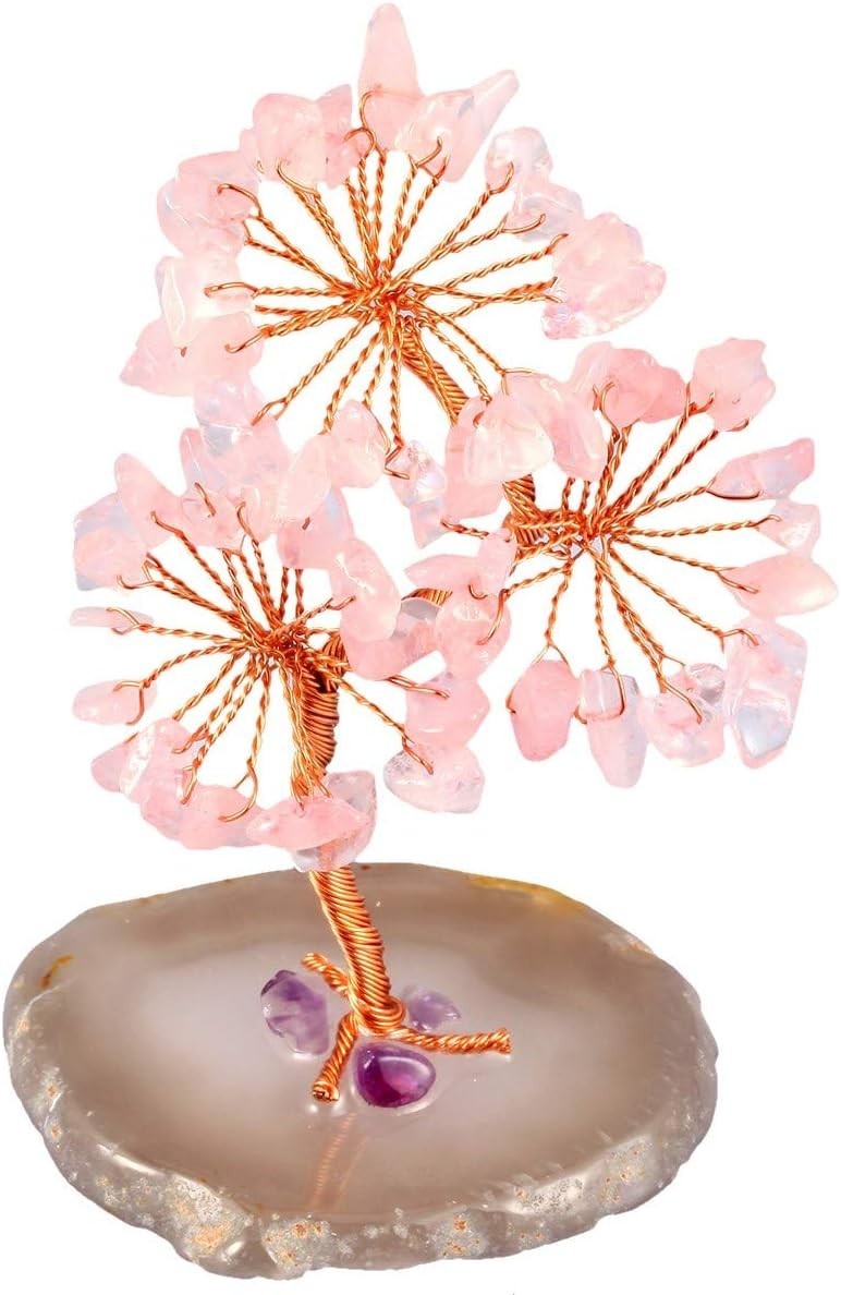 Rose Quartz Crystal Money Tree Feng Shui Healing Gemstone Ornament Agate Base