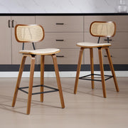 Retro Rattan Bar Stools Set of 2 Beige PU Leather Wooden Kitchen Chairs