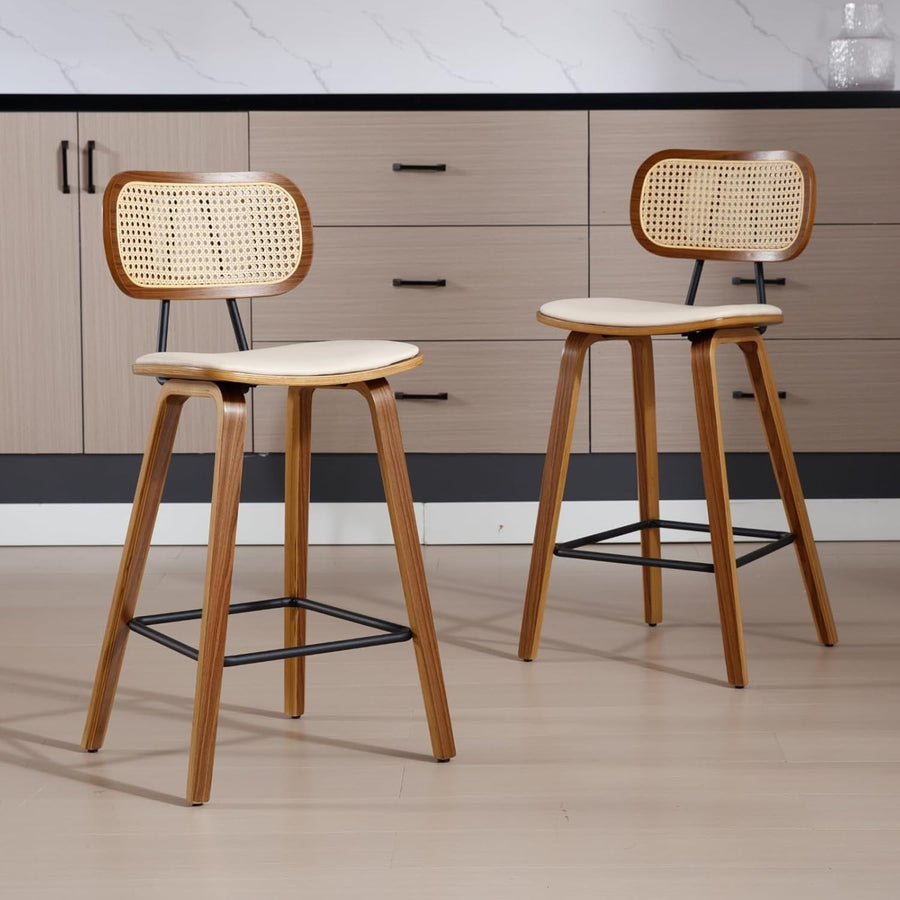 Retro Rattan Bar Stools Set of 2 Beige PU Leather Wooden Kitchen Chairs