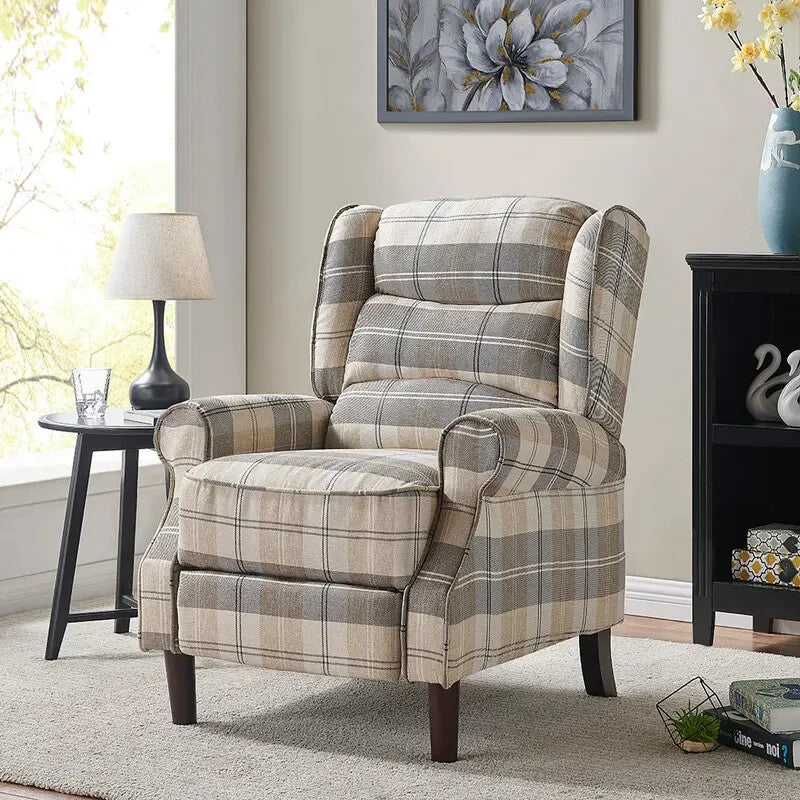 Beige Tartan Wingback Recliner Chair – Manual Pushback Armchair UK Made