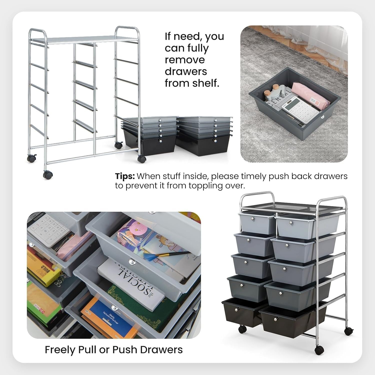 Gradient Black 10 Drawer Rolling Storage Trolley Office Beauty Organizer