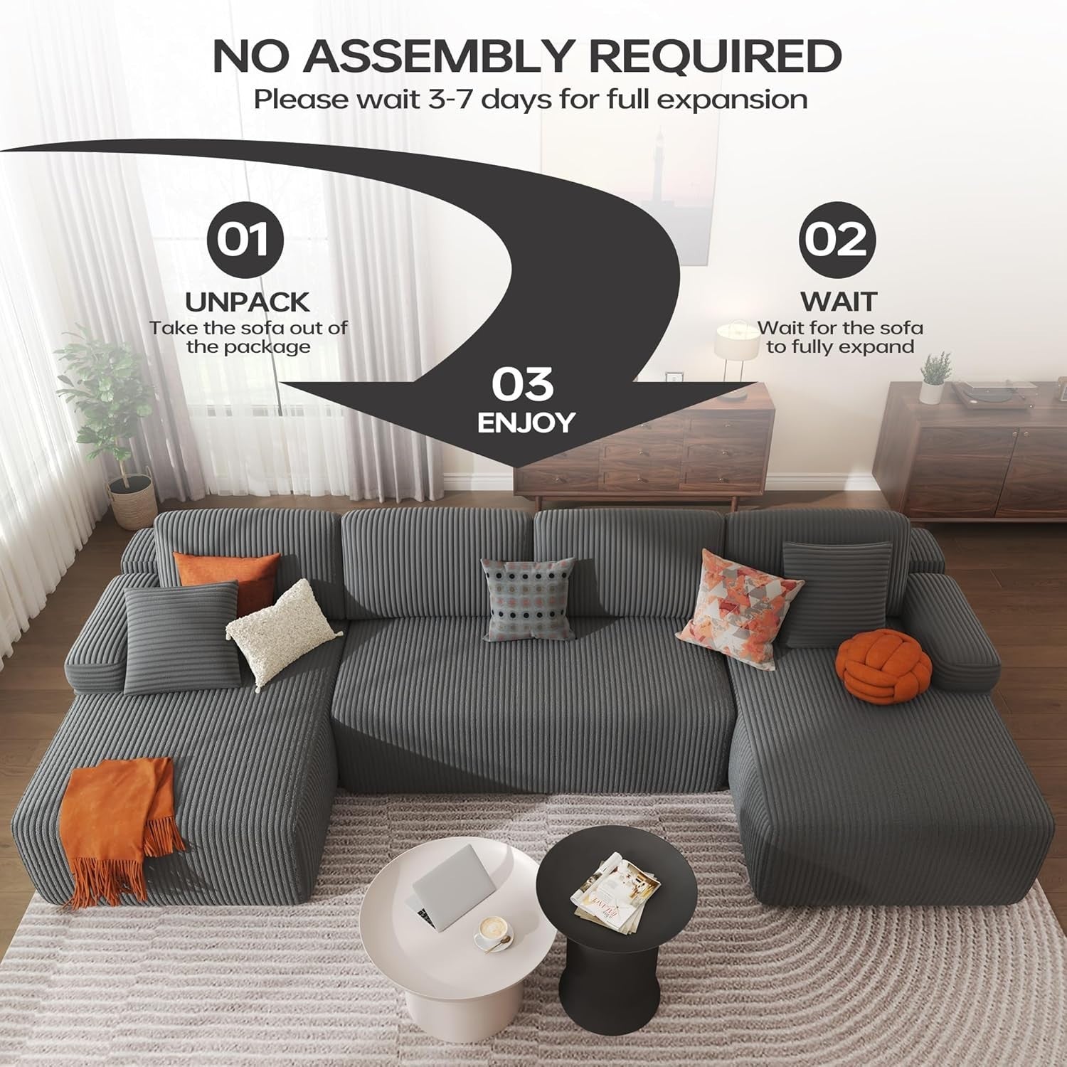 Modular U-Shaped Corduroy Sofa Bed with Memory Foam, Storage & No Assembly