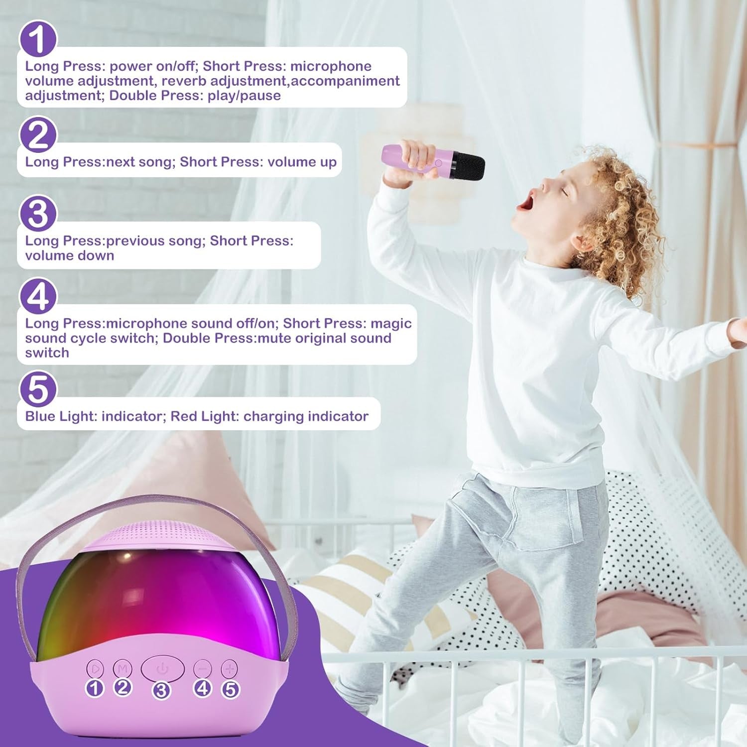 Mini Kids Karaoke Machine 2 Mics Bluetooth LED Lights