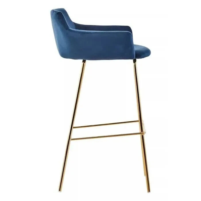 Blue Velvet Bar Stool with Arms Gold Metal Legs Low Back Breakfast Chair