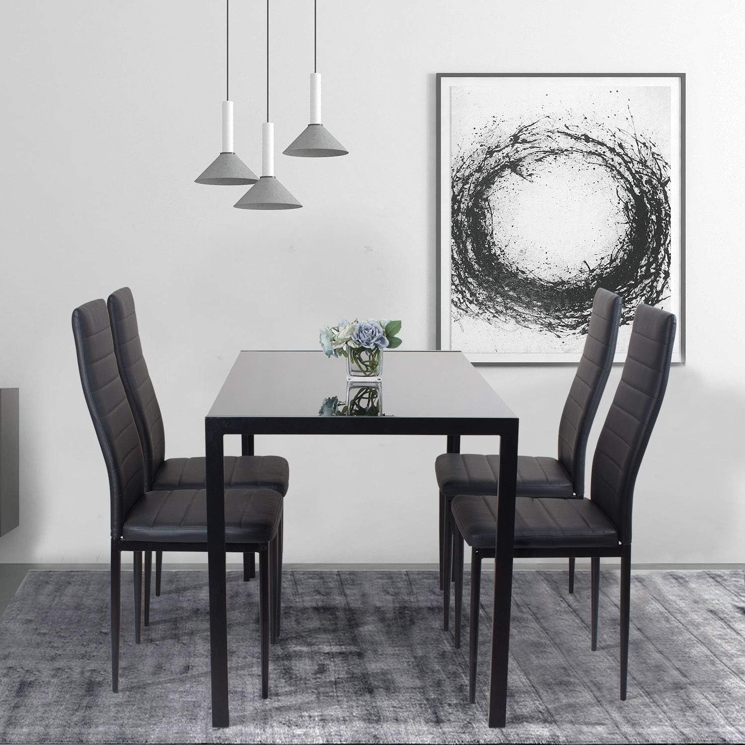 Modern Black Glass 120x70cm Dining Table Set with 4 Upholstered Chairs