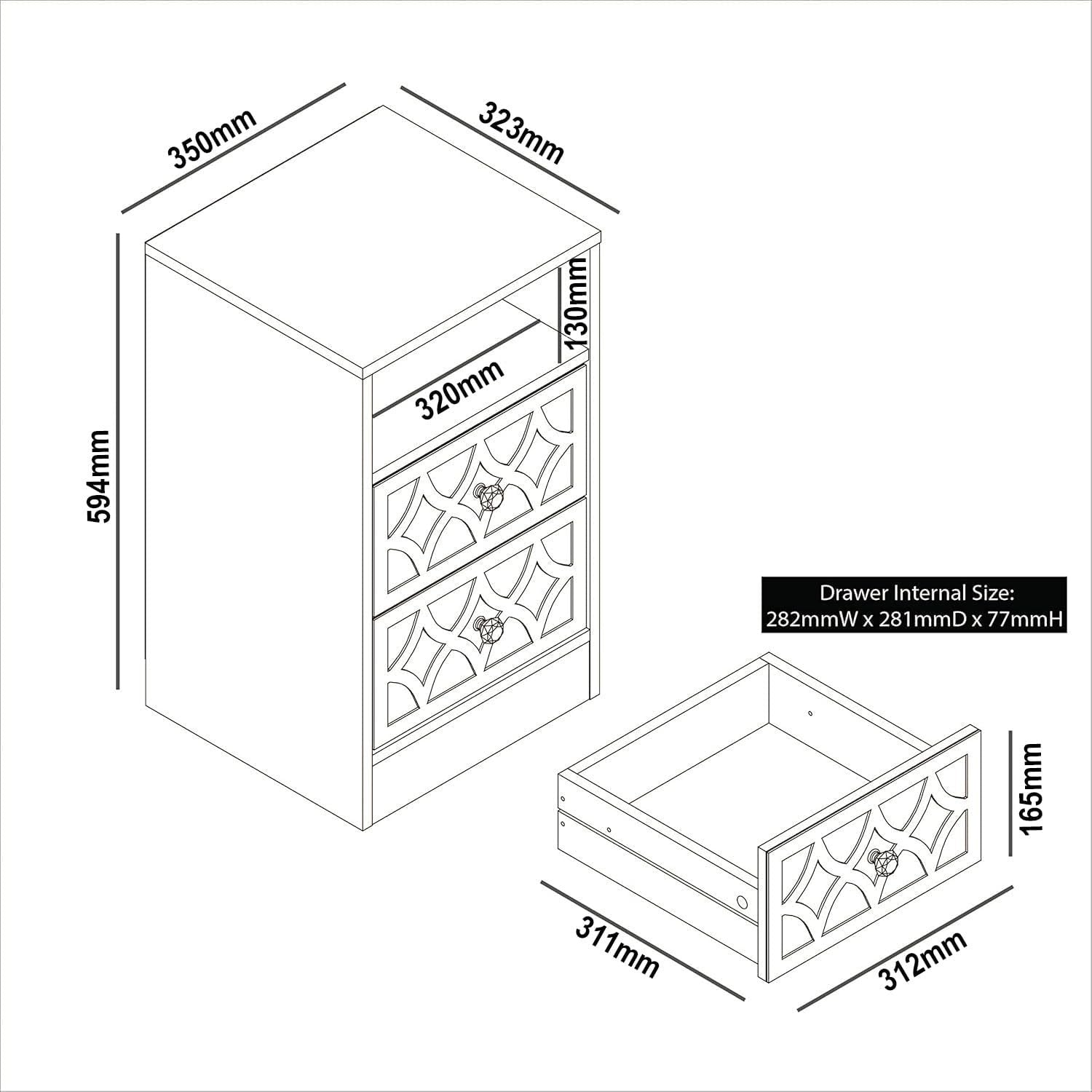 White Bedside Table with Mirror Drawers, Modern 2 Drawer Nightstand for Bedroom