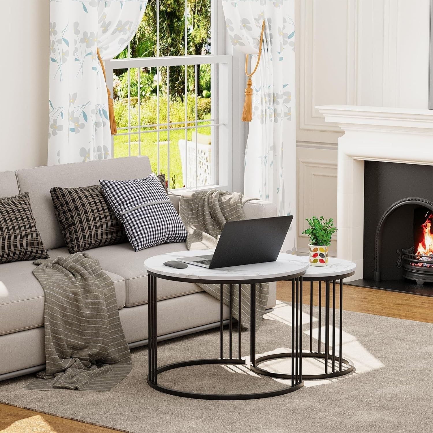 Modern Nesting Coffee Table Set for Small Spaces - Round Metal & Wood Side End