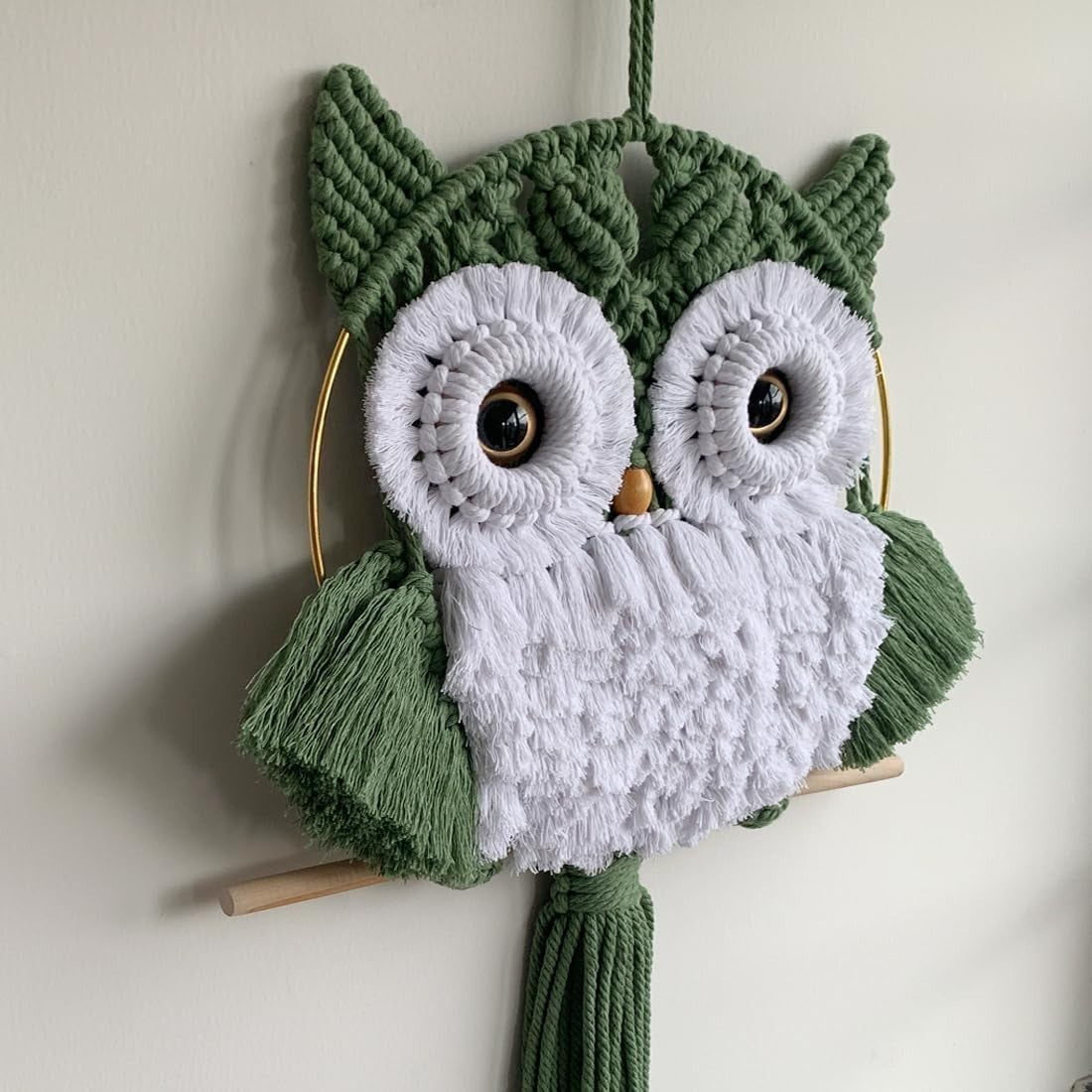 Avocado Green Macrame Owl Wall Hanging Boho Fiber Art Decor