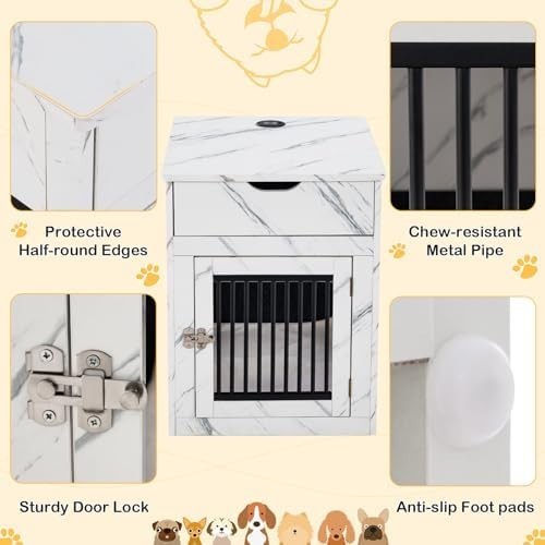 Wooden Dog Crate Side Table with Drawer, Plush Pad & USB Charging