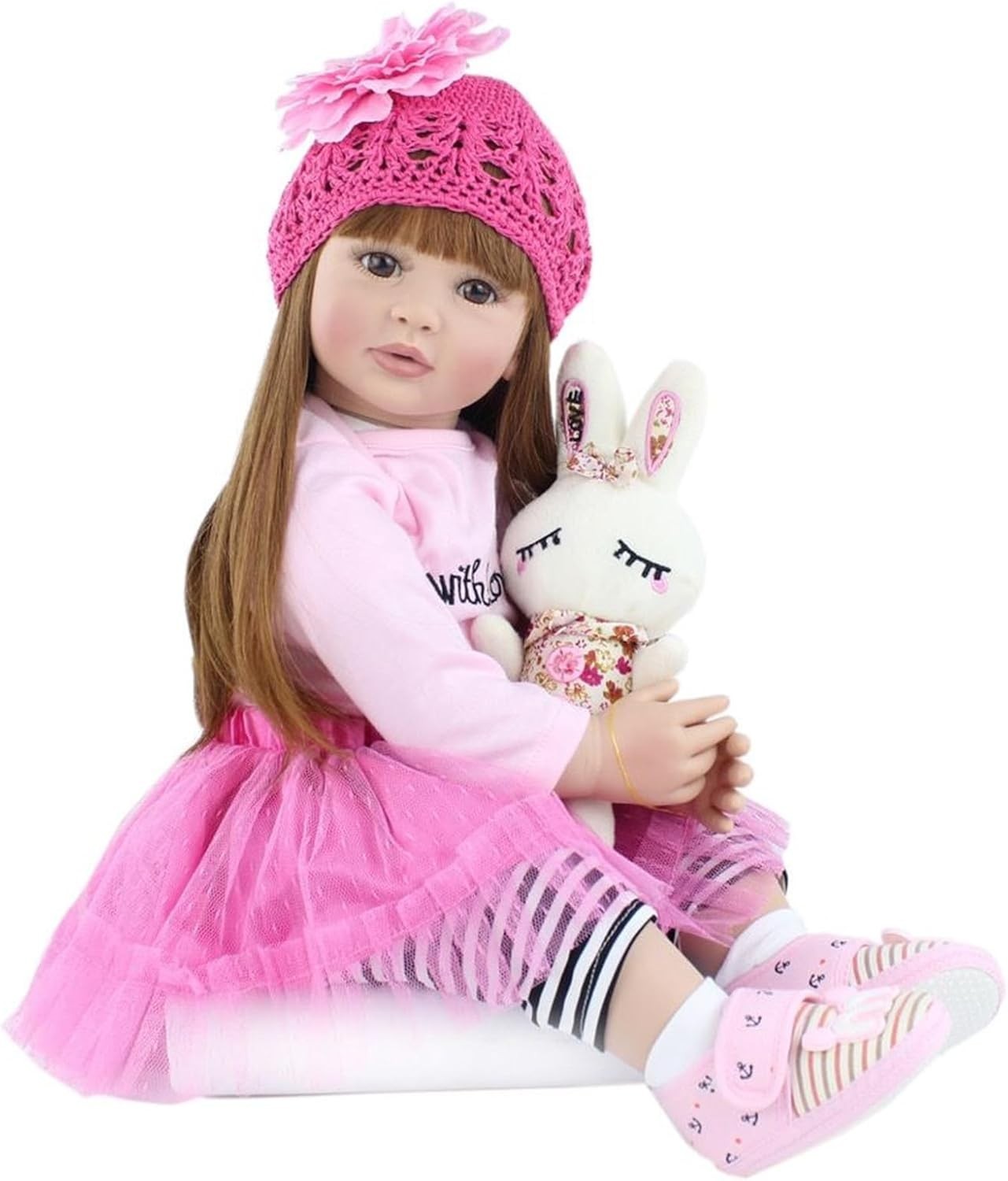 24in Lifelike Reborn Baby Girl Doll Soft Silicone Vinyl Long Hair