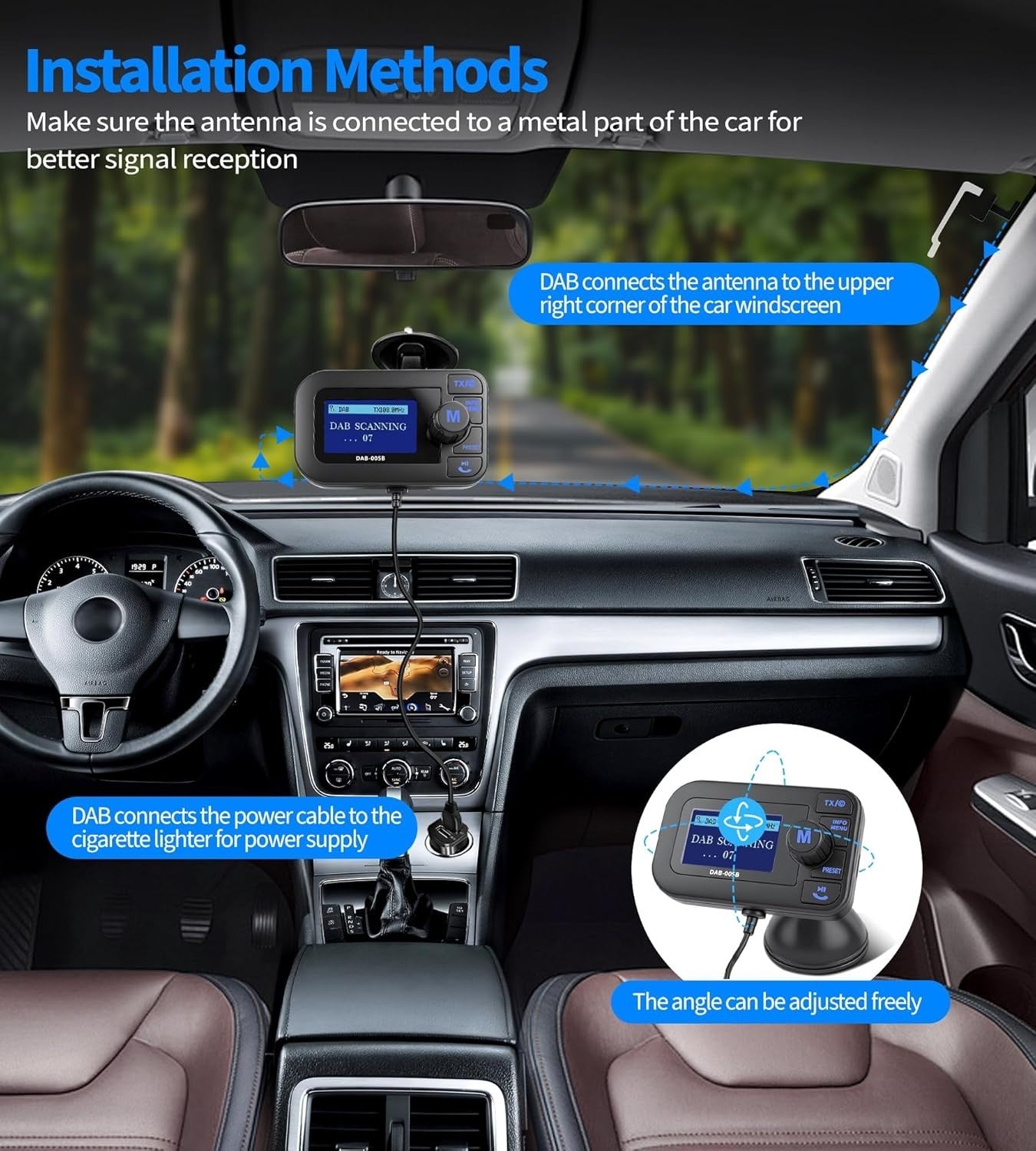 Car DAB/DAB+ Radio Adapter FM Transmitter w/ Bluetooth, AUX & USB