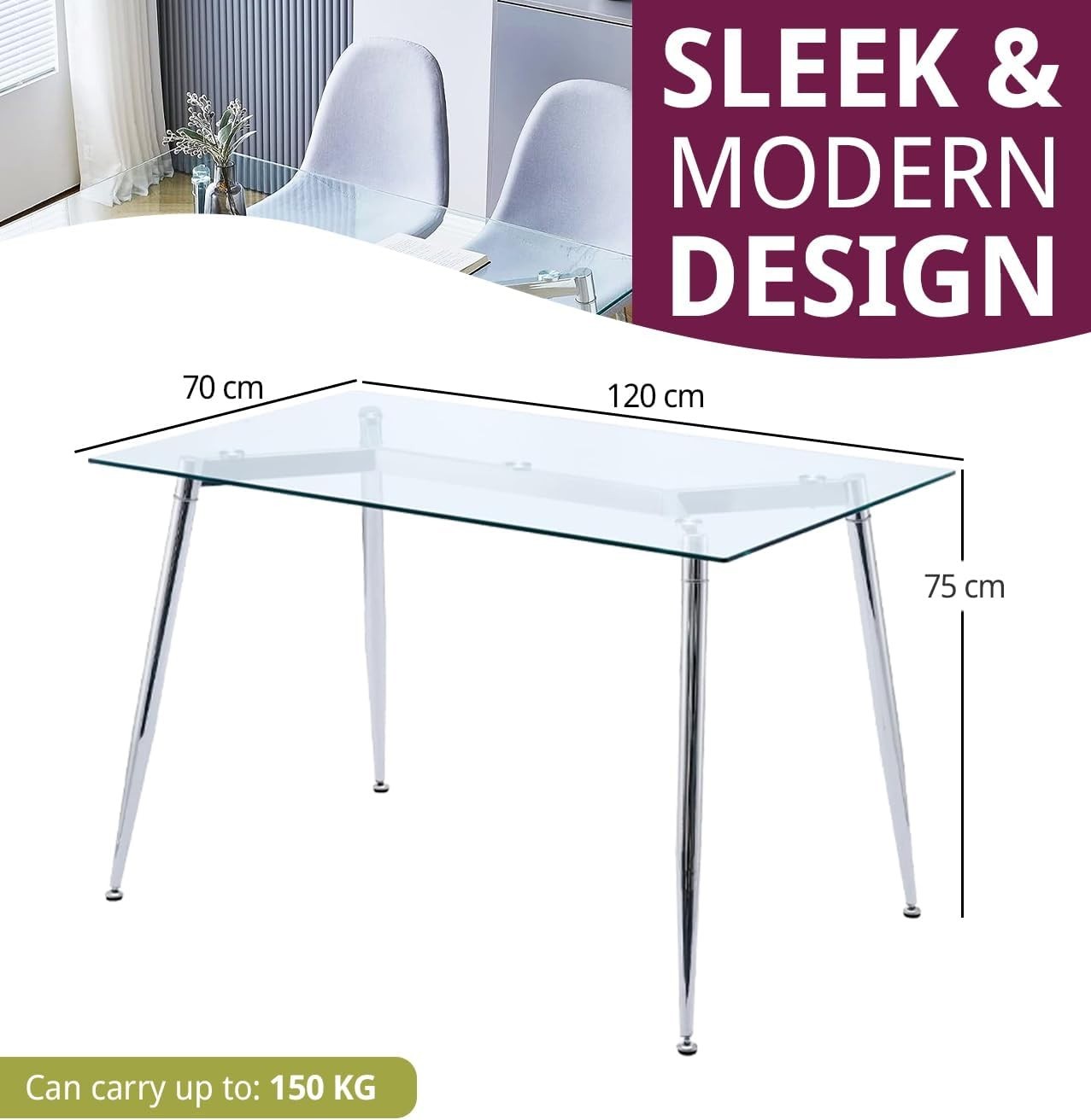 120cm Rectangular Glass Dining Table with Chrome Legs 4-6 Seater