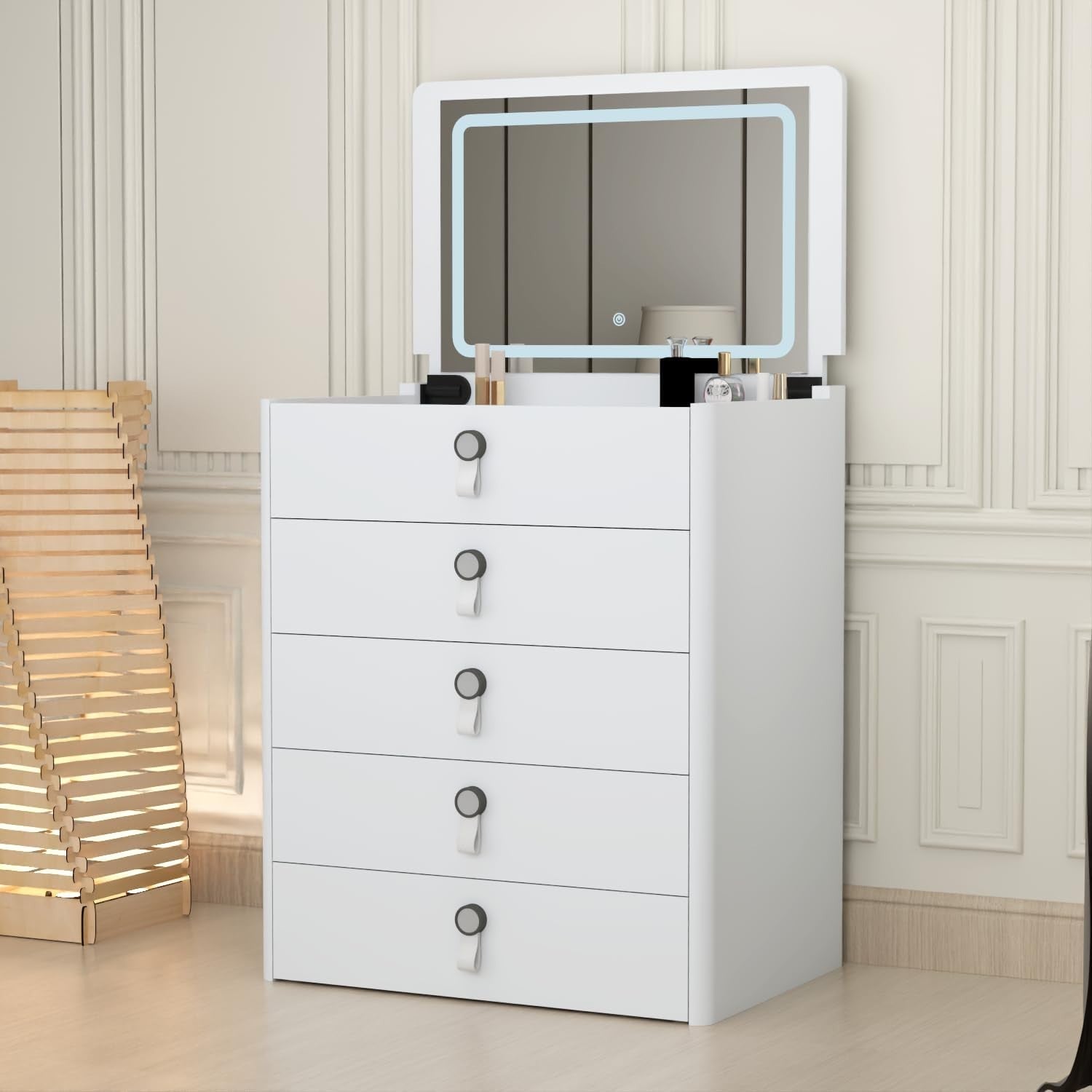 White High Gloss Dressing Table Desk 5 Drawer Flip Mirror Storage Stool 95cm