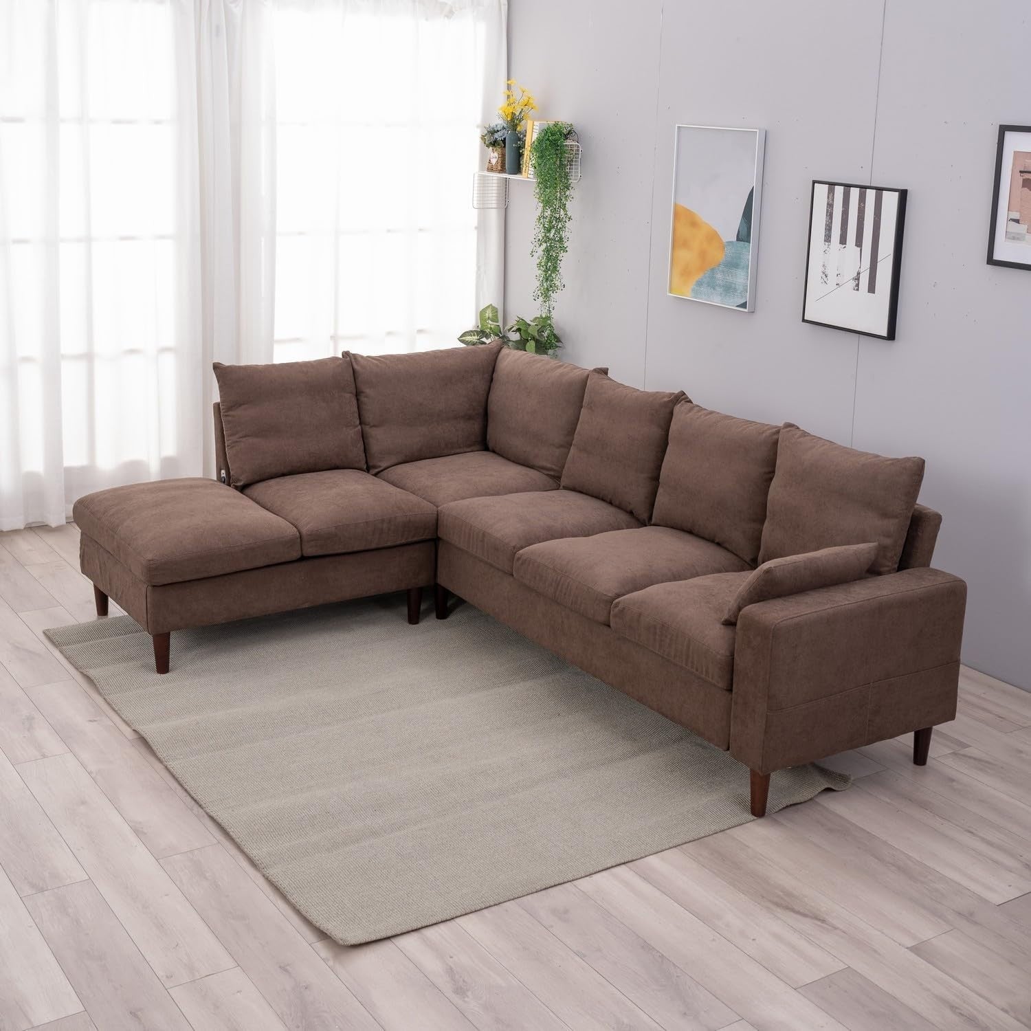 6 Seater L Shape Sofa with Chaise Brown Linen USB Charging Corner Couch