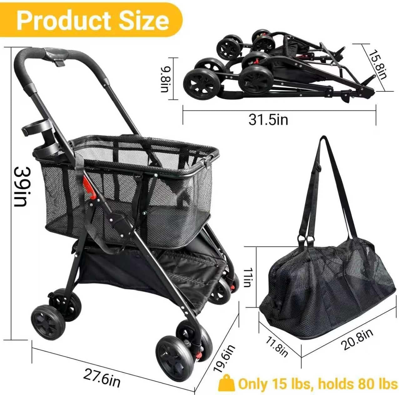 40-Gallon Folding Shopping Cart 360° Wheels Detachable Baskets Portable