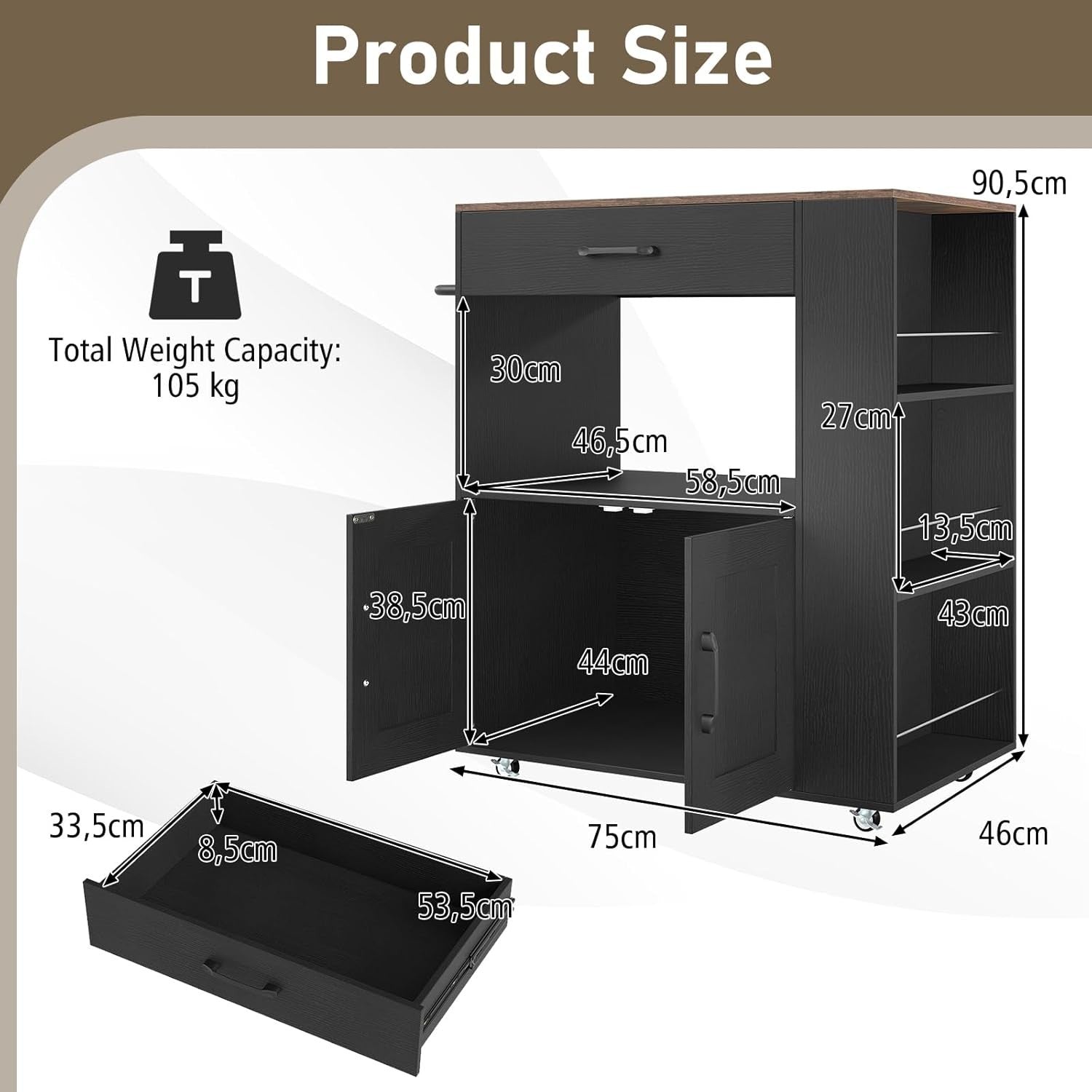 Kitchen Island Trolley with Cabinet Drawer Spice Rack