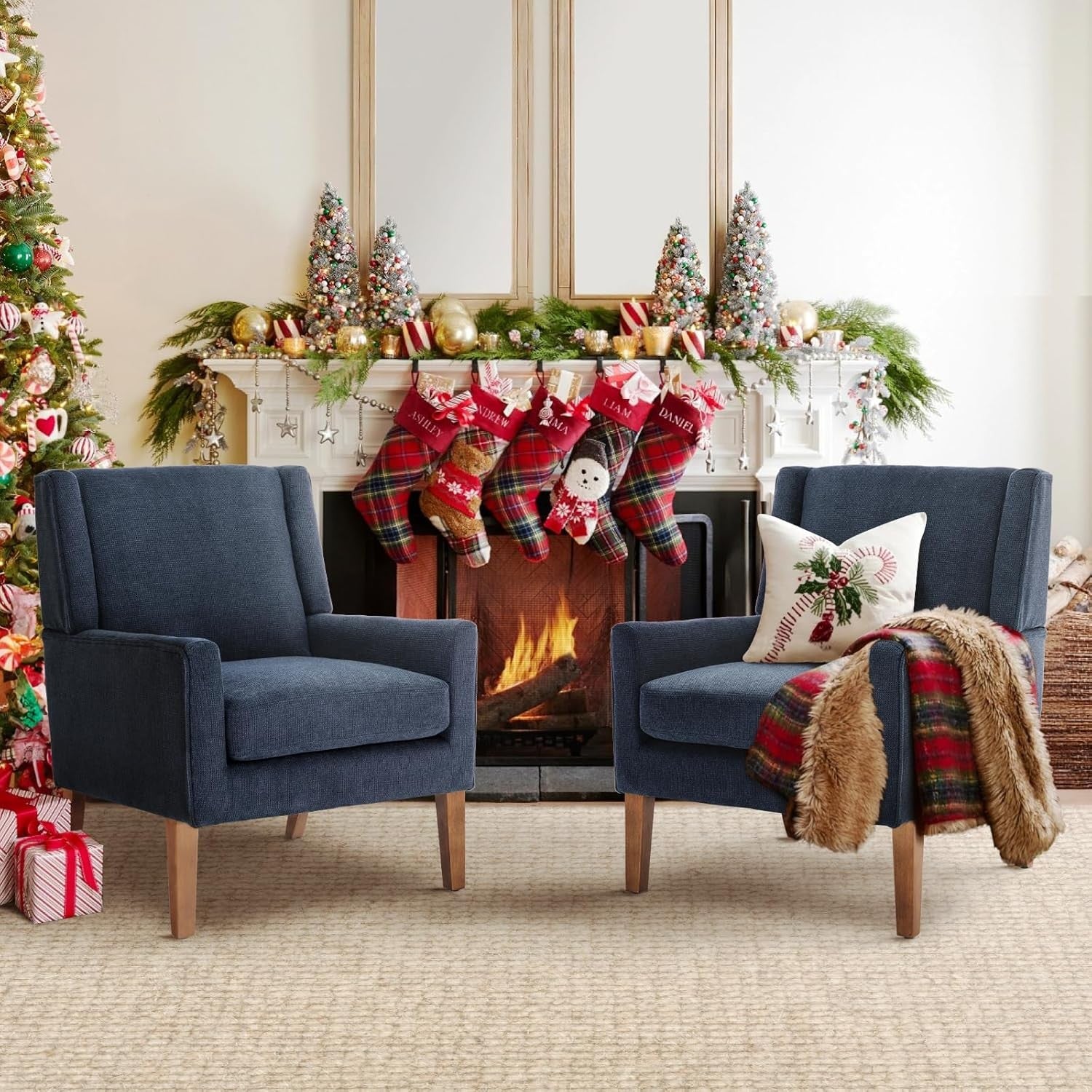 Blue Wingback Accent Armchair Upholstered Lounge Wood Legs