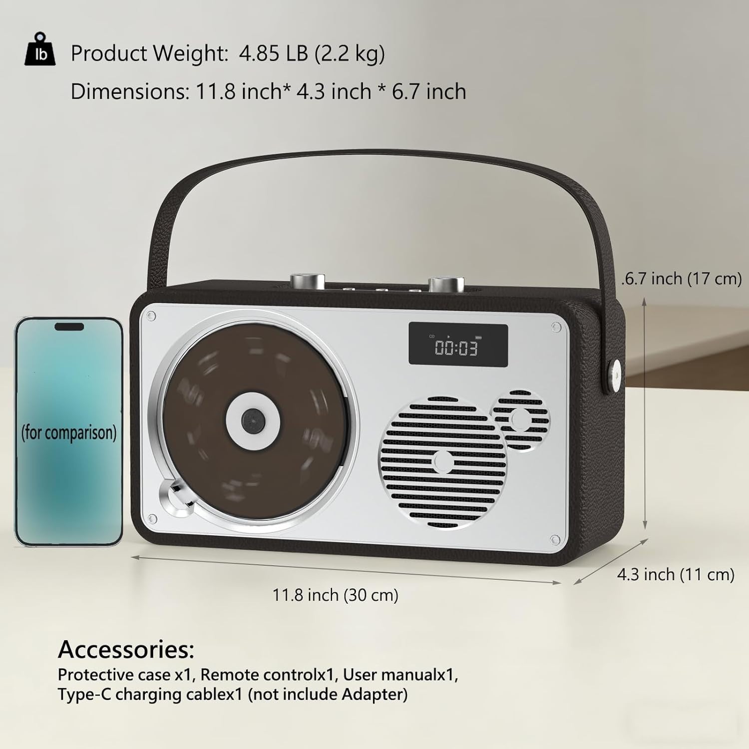 Retro Portable CD Player Bluetooth Boombox USB AUX Battery Remote LP103