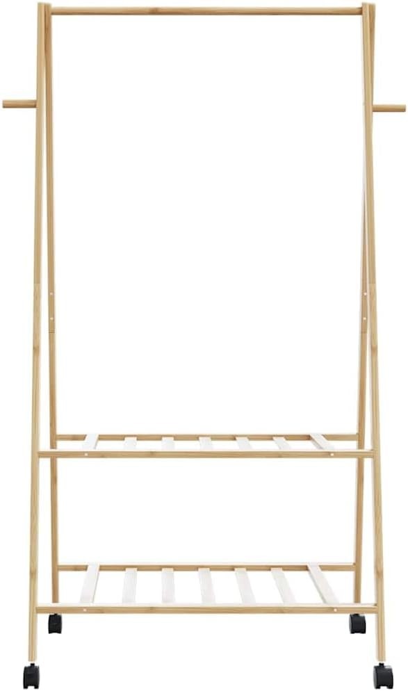 Bamboo Clothes Rack with Shelves & Wheels – Foldable – Brown