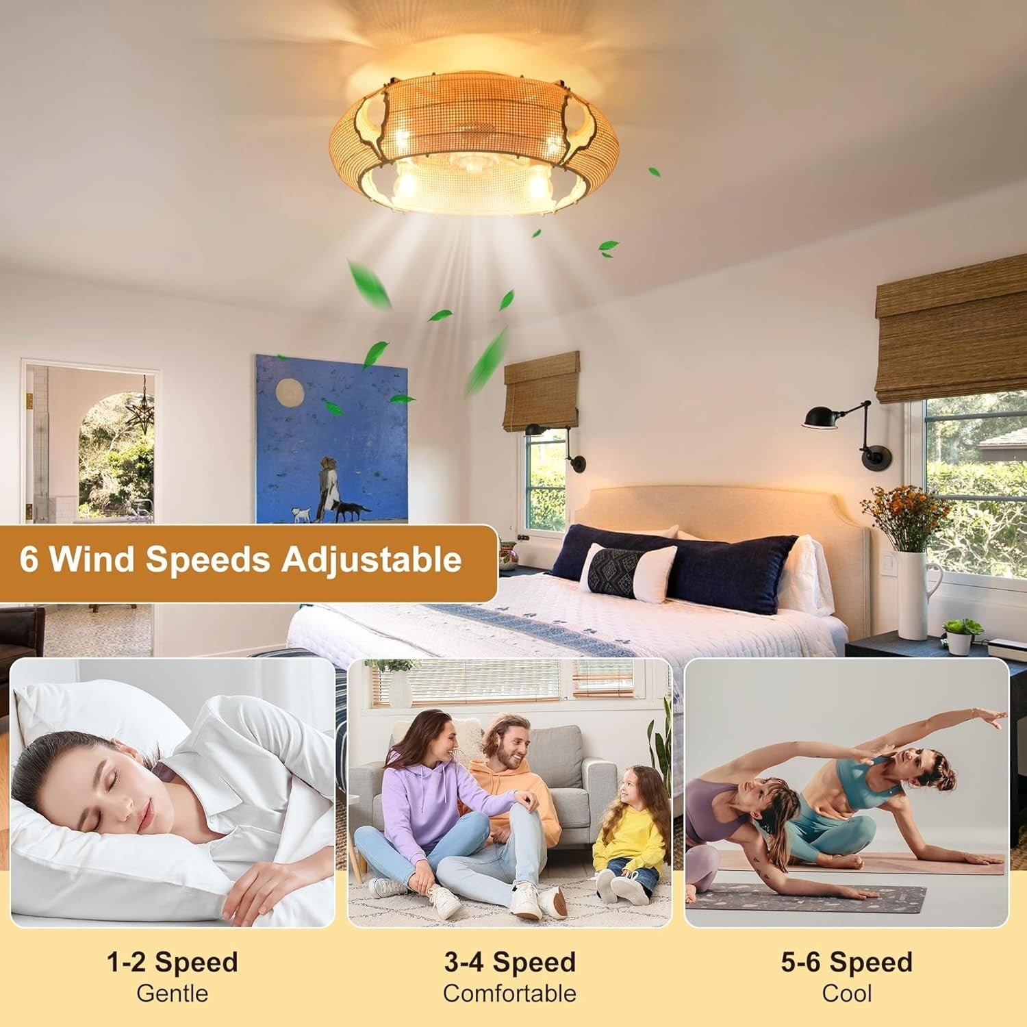Boho Rattan Ceiling Fan Light 53CM, 6-Speed, APP, Remote, E27