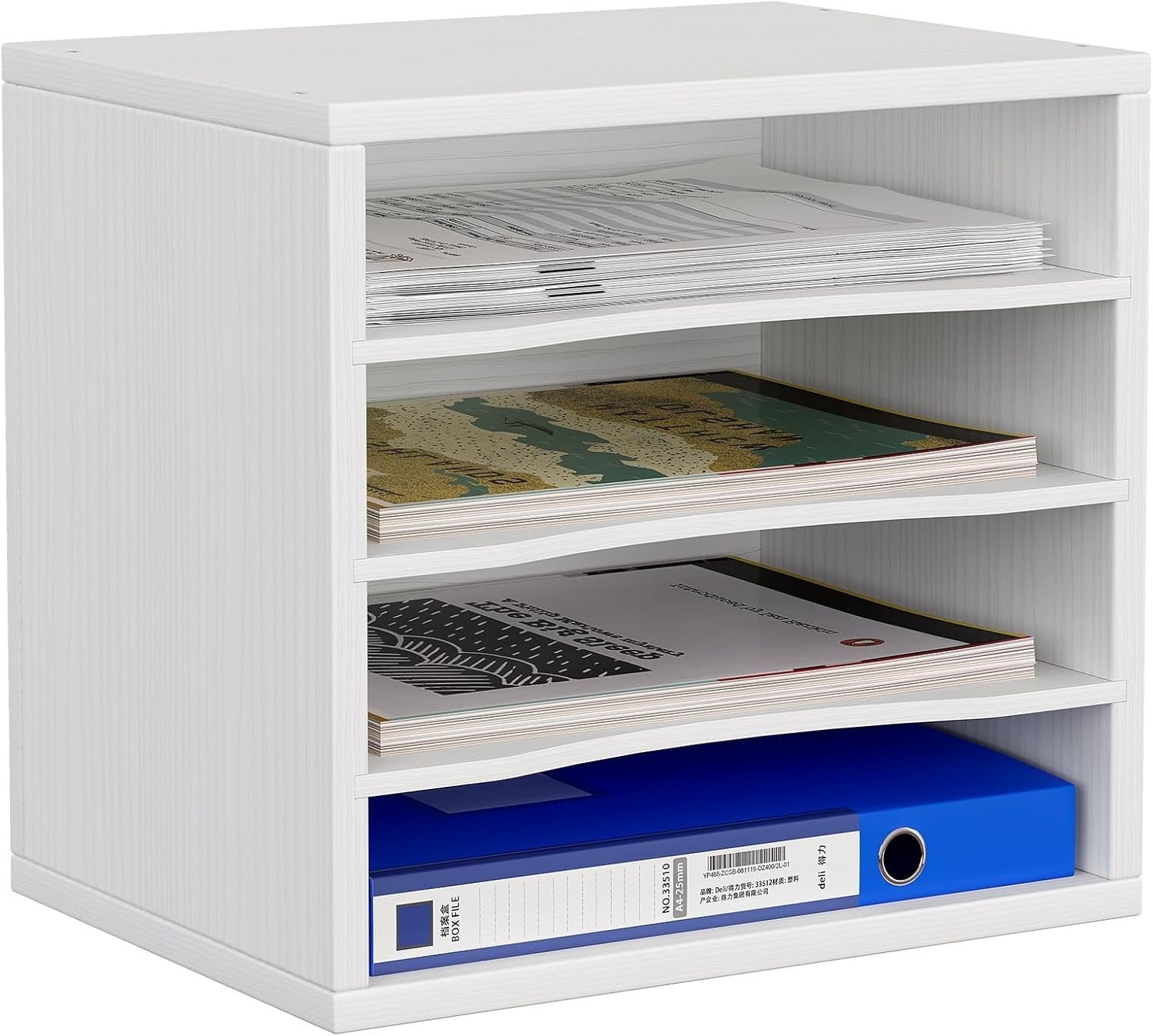 4 Tier A4 Desk File Organizer Wooden Paper Tray Office Magazine Rack White