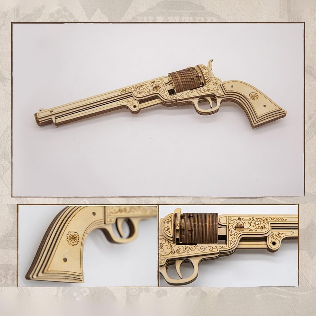 3D Wooden Revolver Puzzle DIY Mechanical Model Kit 70PCS Adult Build