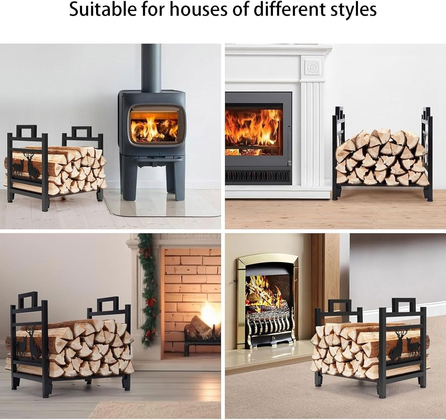 Firewood Log Holder Indoor Outdoor Rack Black Steel Sturdy Elk Design