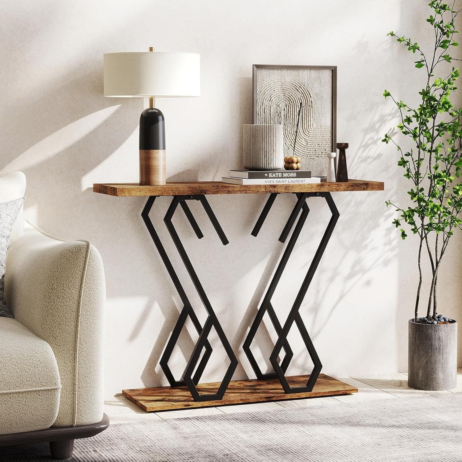 Slim Rustic Console Table Narrow Hallway Desk 100cm Metal Frame Modern