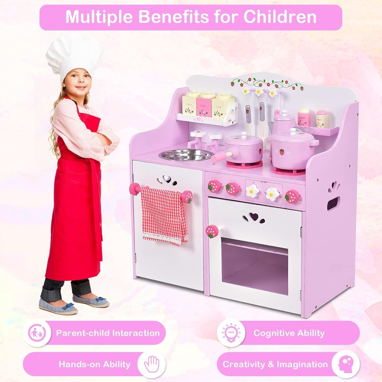 Kids Wooden Play Kitchen Pink Pretend Cooking Set w/ 13 Accessories