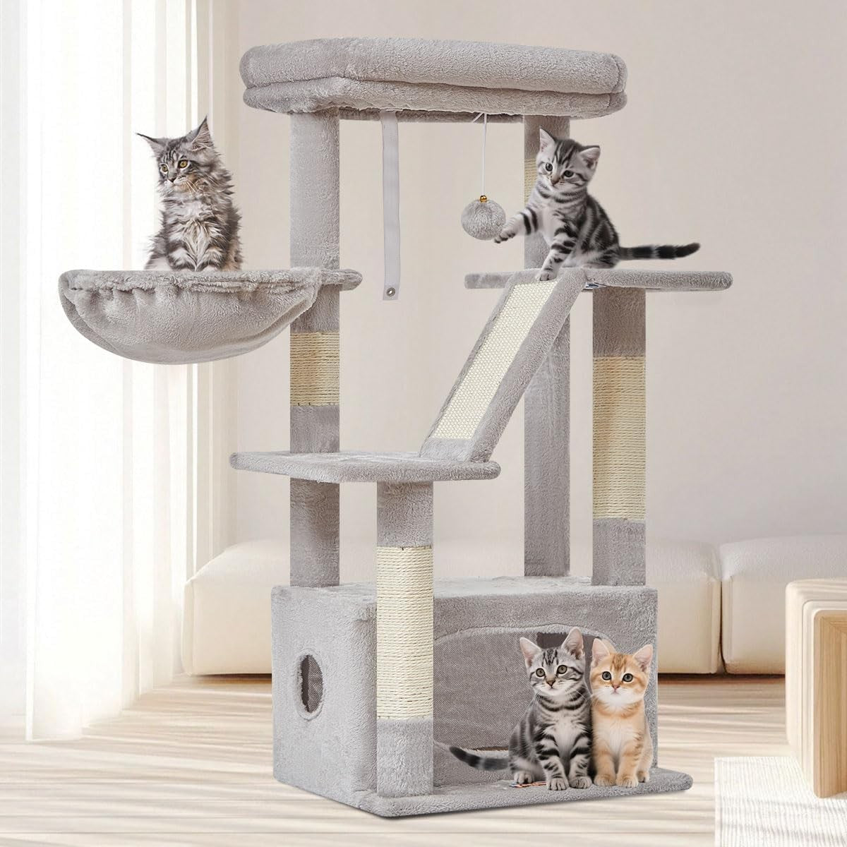 98cm Cat Tree Tower Indoor Scratching Post with Condo Hammock & Perch