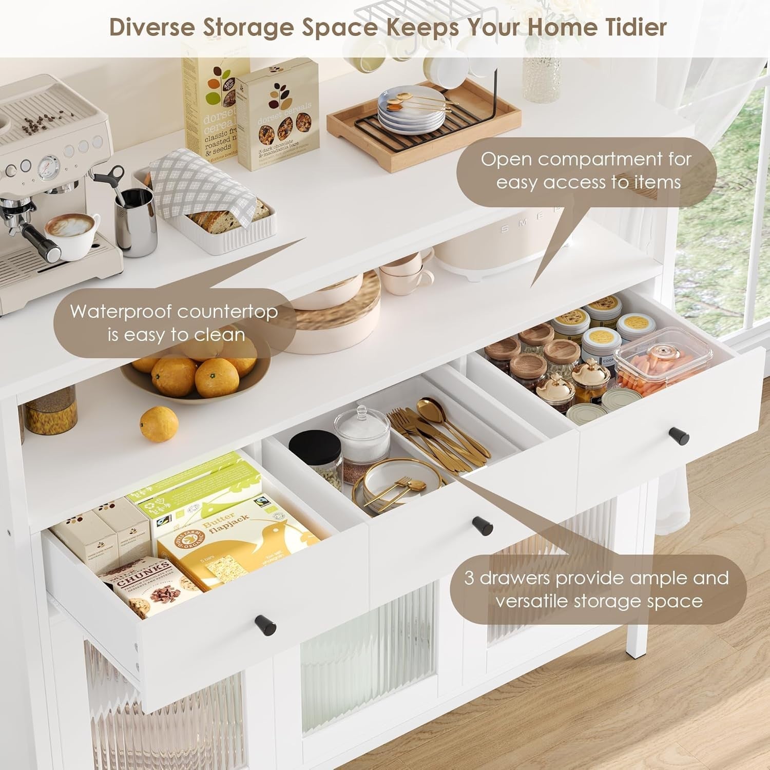 Modern White Sideboard Cabinet with Glass Doors 3 Drawers Adjustable Shelves