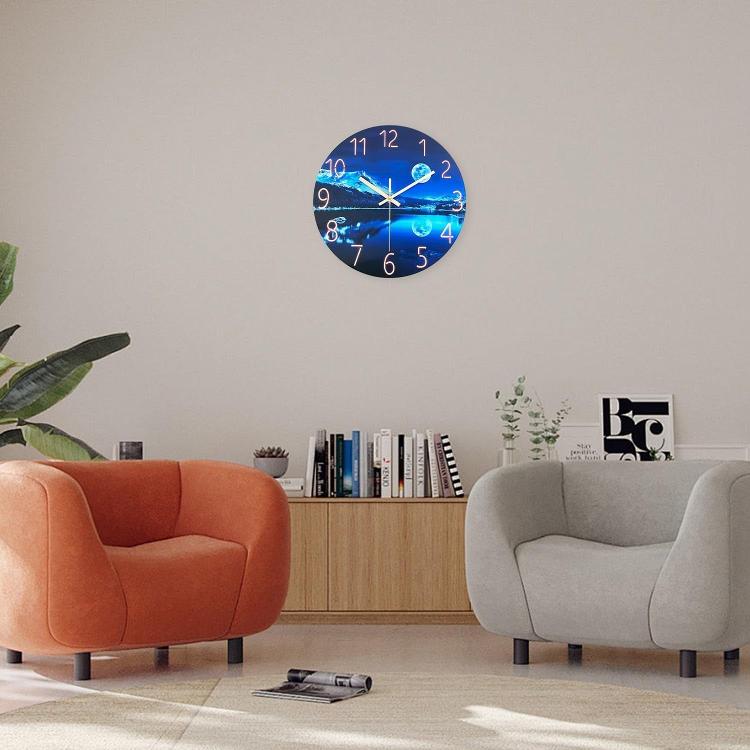 14" Blue Moon Glass Wall Clock Silent Non-Ticking Modern Living Room Decor
