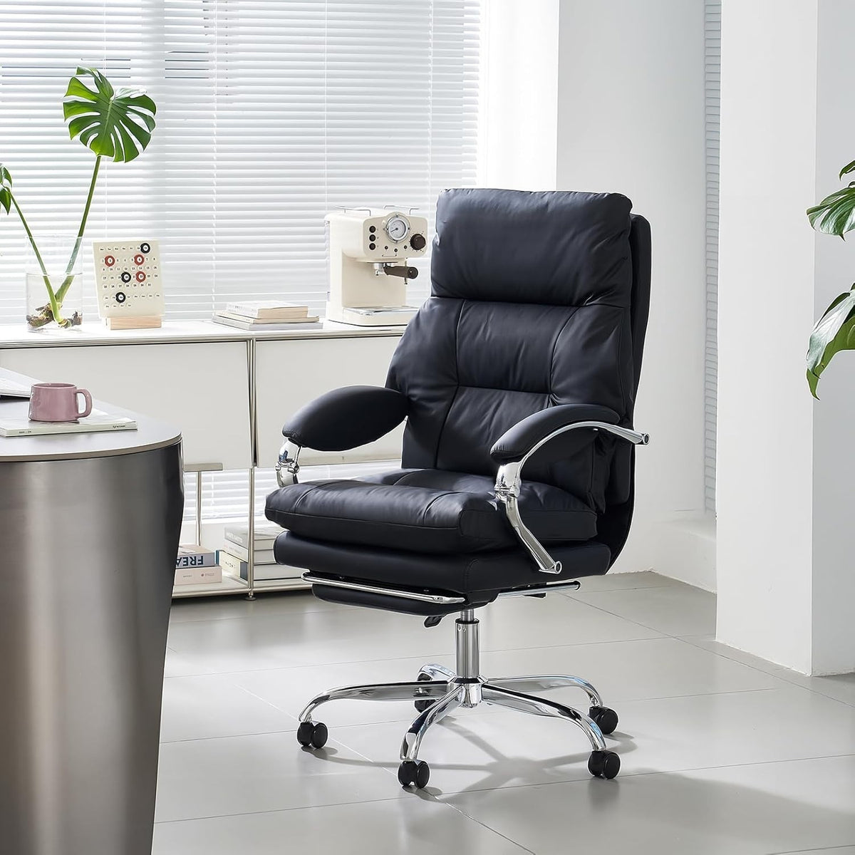 Office Chair Recliner Executive PU Leather Ergonomic Desk Gaming Footrest Black