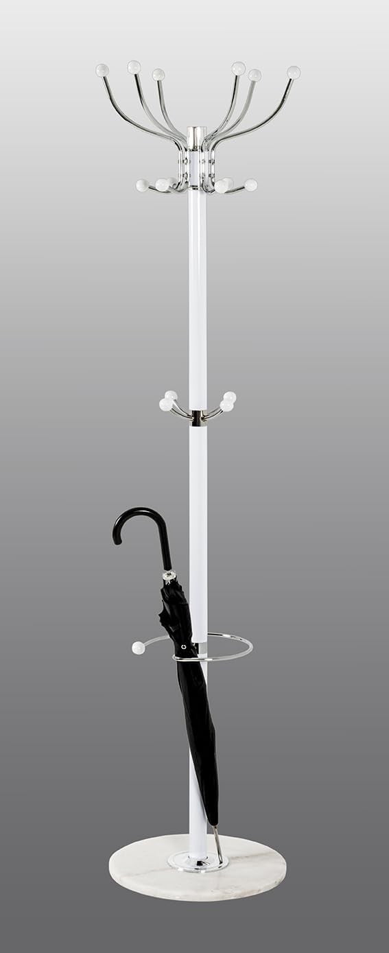 Modern Chrome White Metal Coat Rack 176cm Marble Base Standing Clothes Hanger