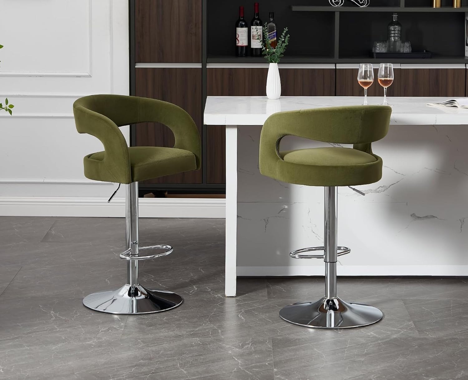 Adjustable Green-2Velvet Bar Stools Set of 2 Swivel Kitchen Counter