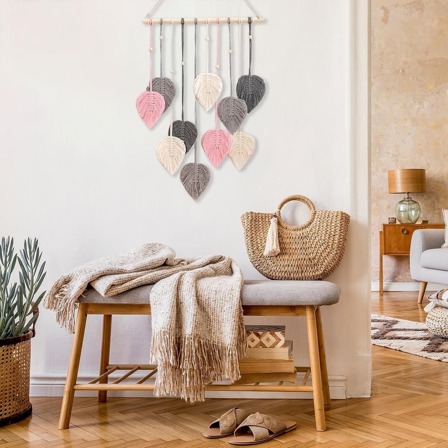 Boho Macrame Wall Hanging 24"x16" Leaf Tapestry Handmade Decor