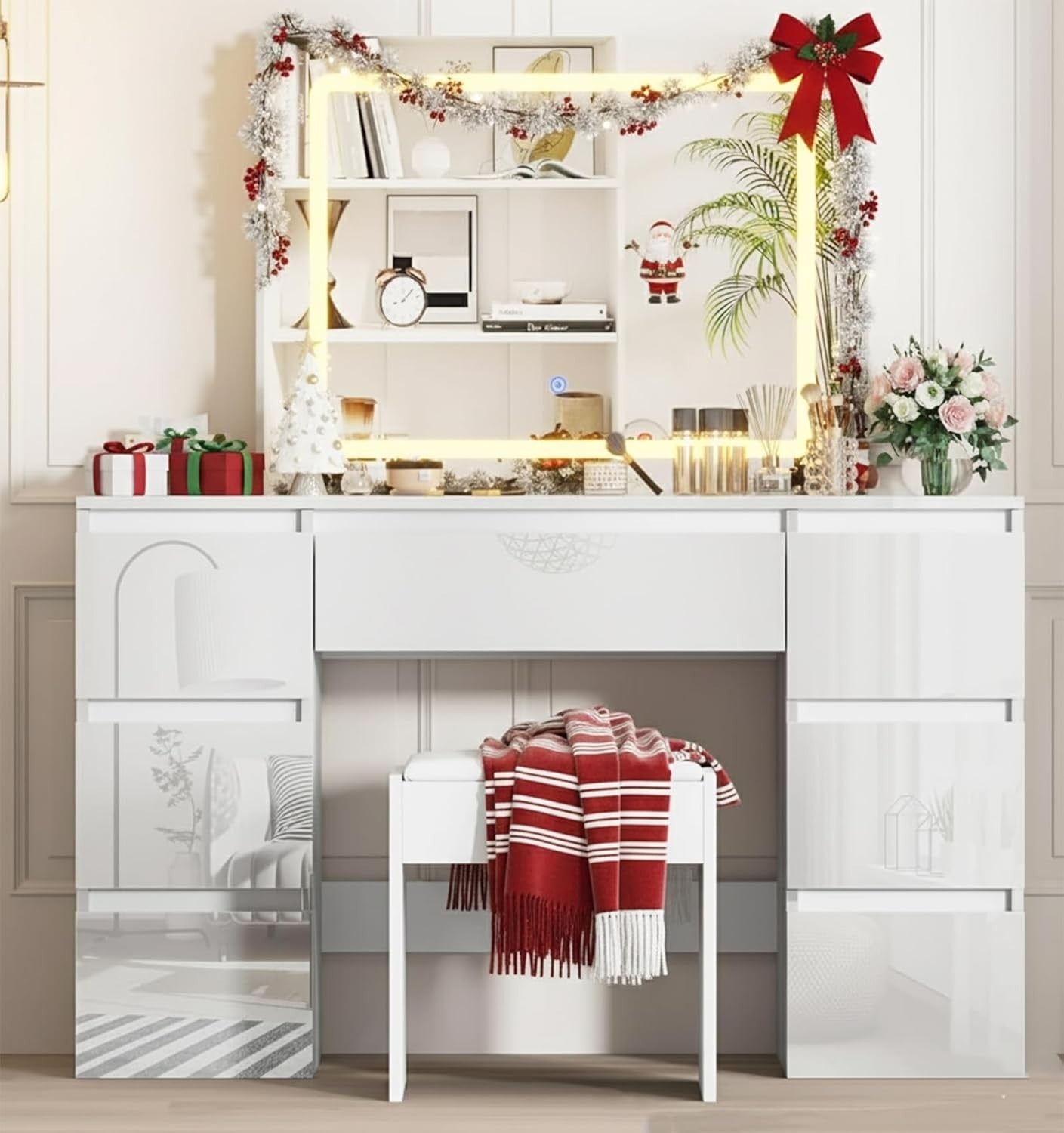 Modern White Gloss Dressing Table Vanity Desk LED Mirror Set 7 Drawers Stool