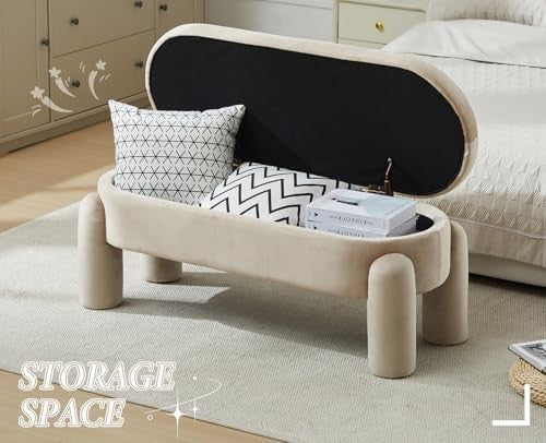 Luxury Khaki Velvet Storage Ottoman Bench with Spacious Seat & Soft Cushion