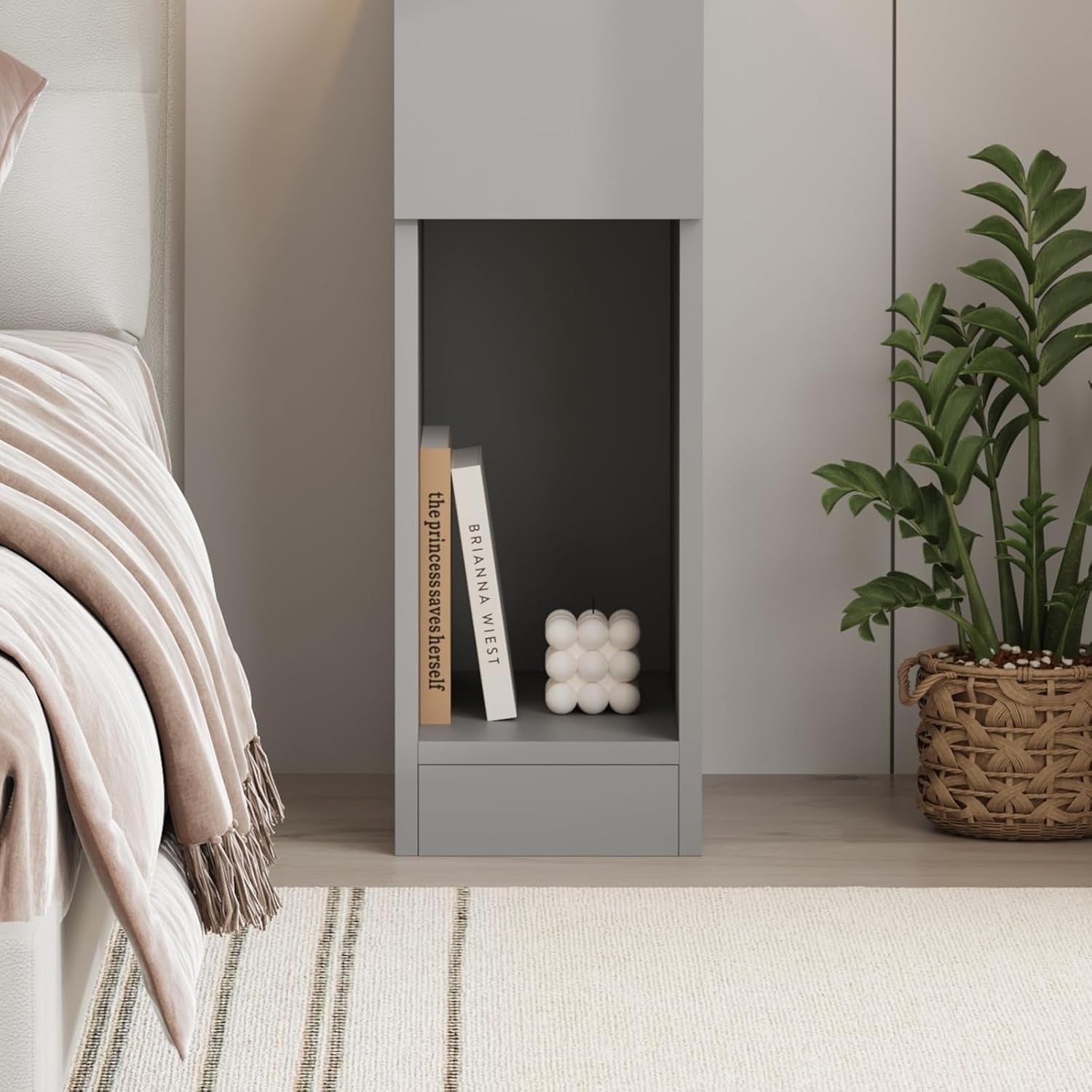 Slim Grey Bedside Table with Drawer & Shelf – Modern Narrow Nightstand Storage
