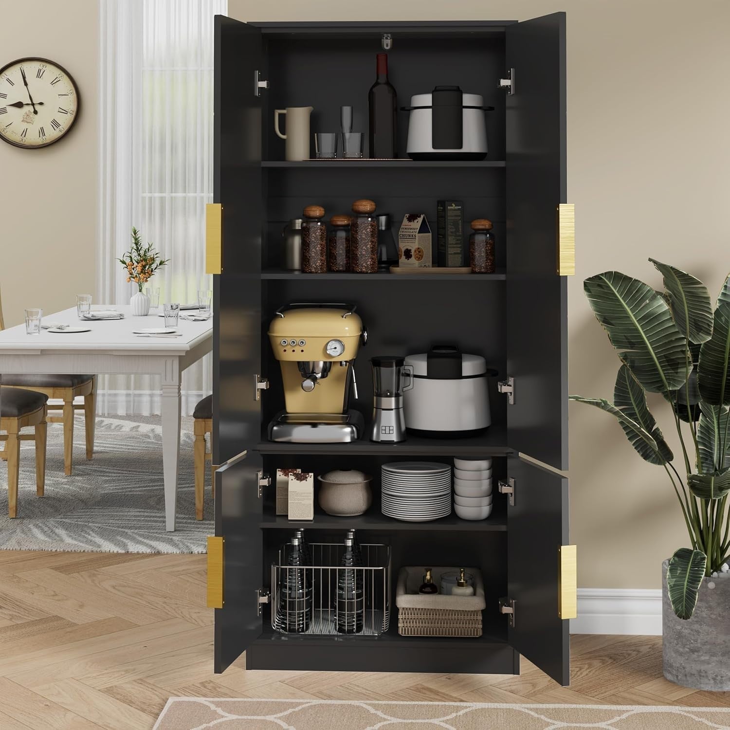 Tall Kitchen Cupboard Black 4-Door Buffet Cabinet Storage Unit
