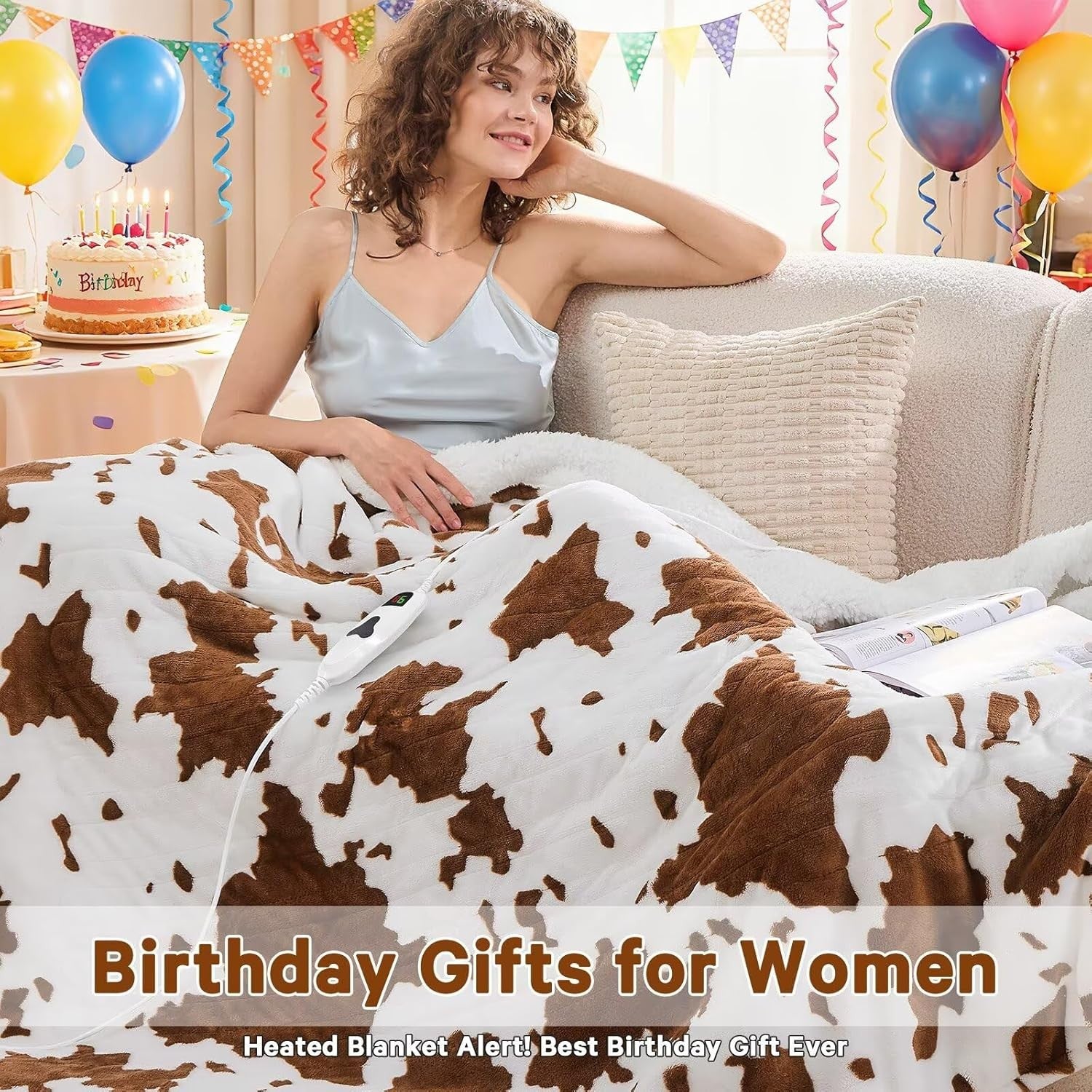 Electric Heated Throw Blanket Cow Print Sherpa 10 Heat  Washable