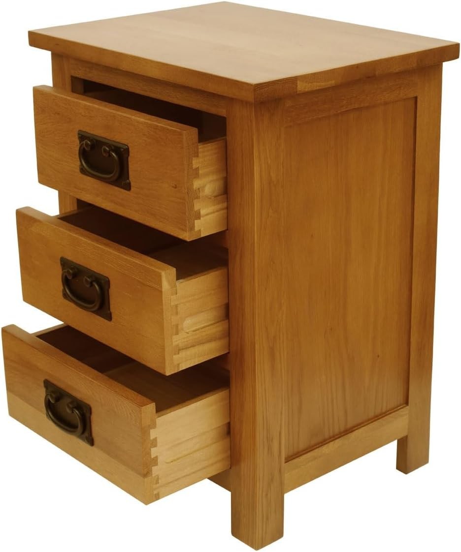 Solid Oak Bedside Table with 3 Drawers – Rustic Wooden Nightstand