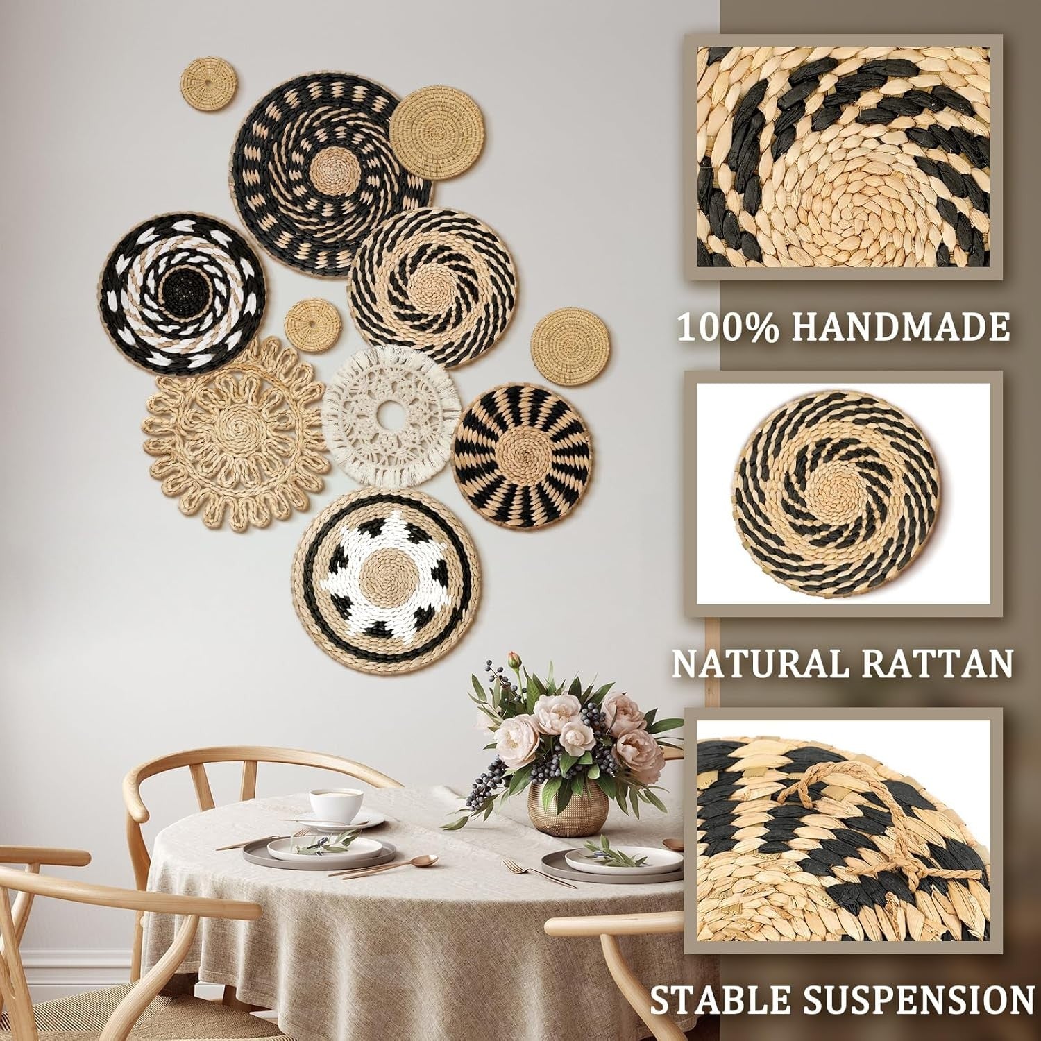11PCS Boho Woven Wall Baskets Multi-Size Bulrush Farmhouse Decor rustic
