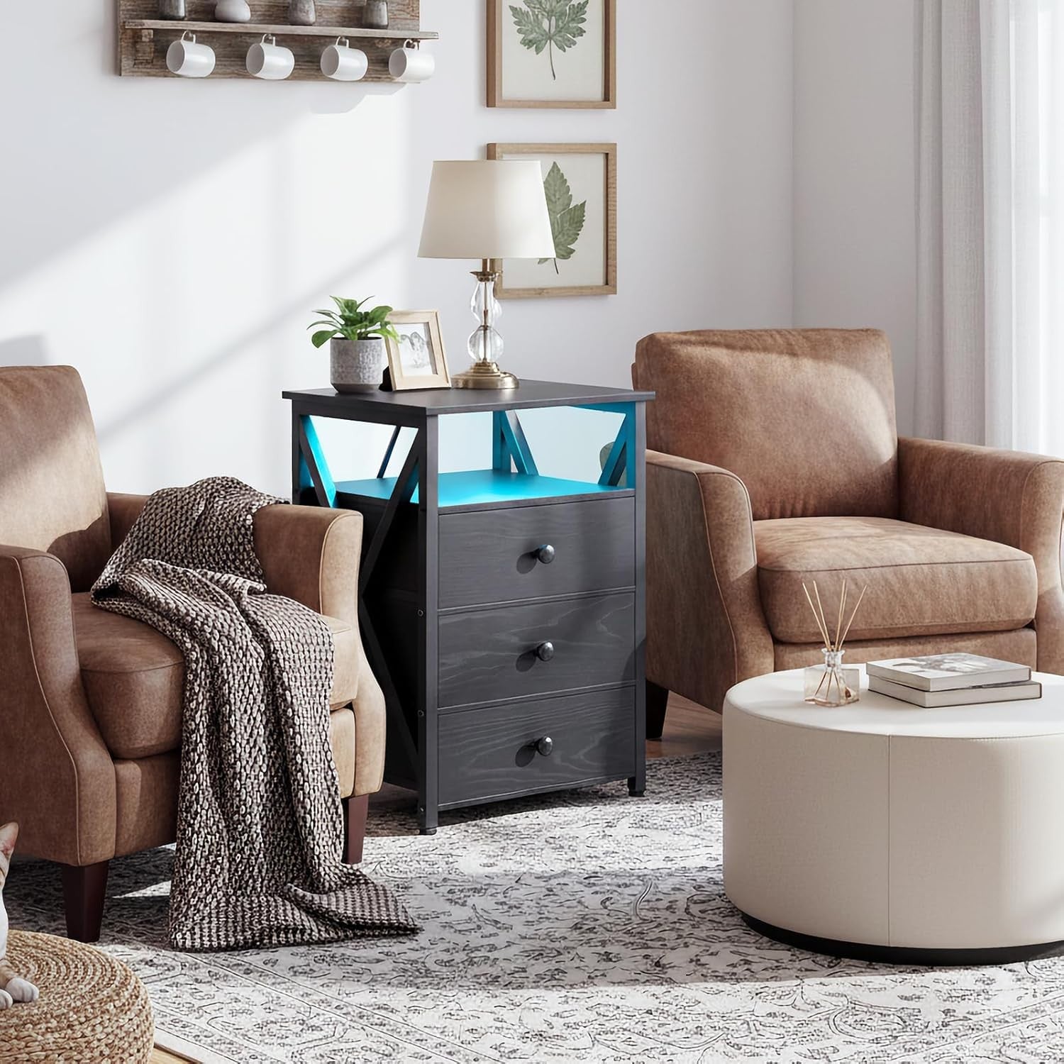 Set of 2 Black LED Bedside Tables with Charging Station & 3 Drawers Modern