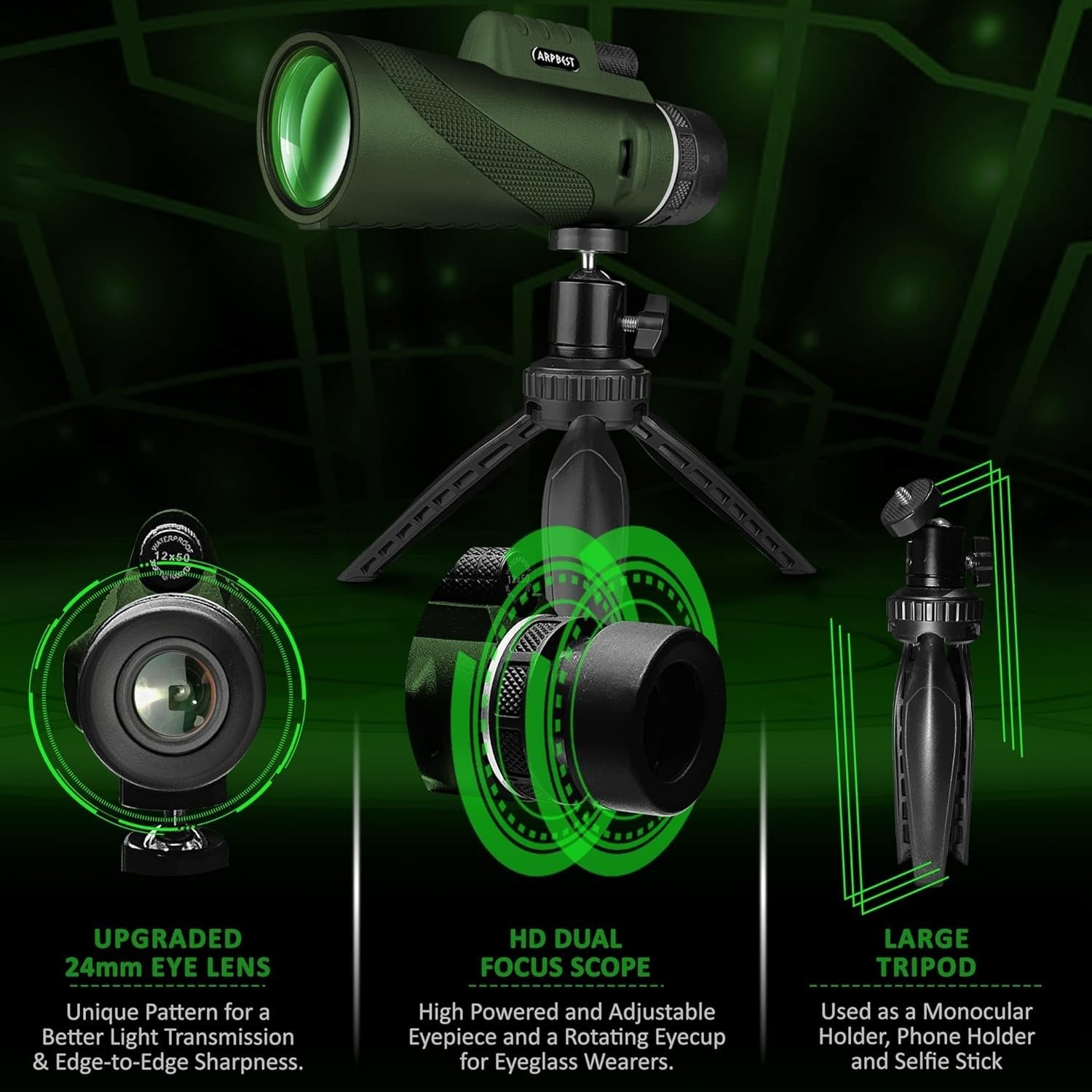 12X50 High Power Monocular FMC BAK4 HD Lens w/ Tripod & Phone Holder